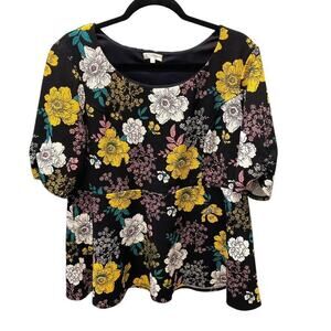 Kiyonna Top Posh Ponte Peplum Style Floral Gold Black Green Spring Size 1